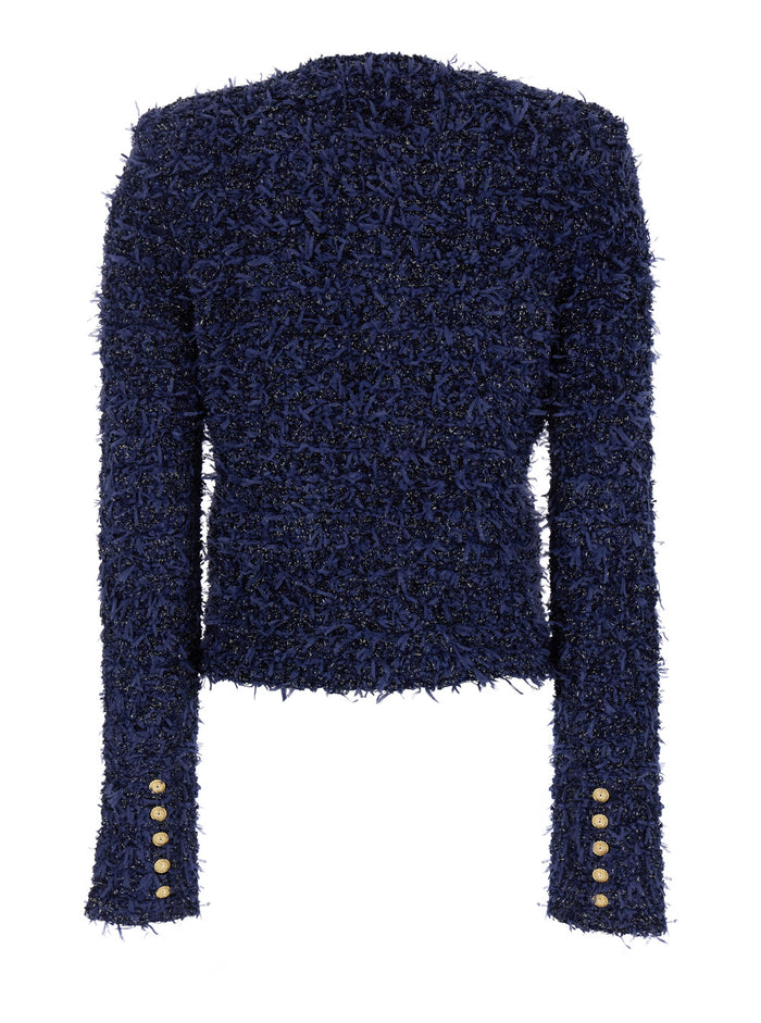 Blue Collarless Jacket With Gold Buttons Tweed Woman Blu Polyamide Viscose Polyester Blazers