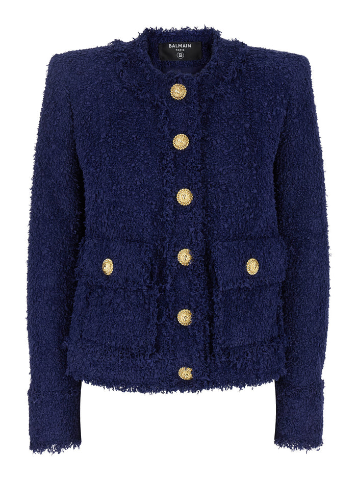 Blue Collarless Jacket With Gold Buttons Tweed Woman Blu Polyamide Blazers