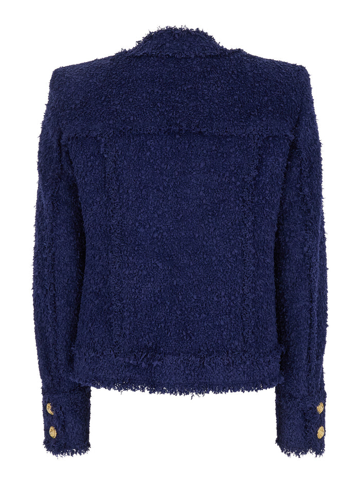 Blue Collarless Jacket With Gold Buttons Tweed Woman Blu Polyamide Blazers
