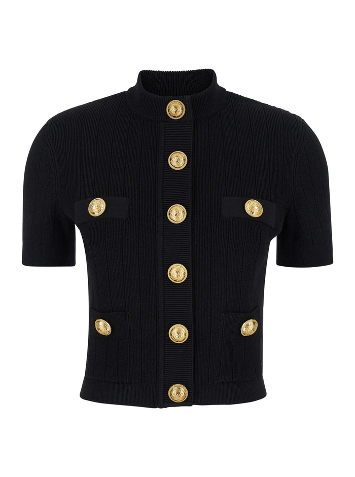 Black Cropped Cardigan With Jewel Buttons Viscose Blend Woman Polyester Jersey