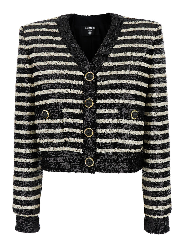 Black And White Cropped Striped Jacket All-Over Sequins Fabric Woman White/black Polyester Blazers