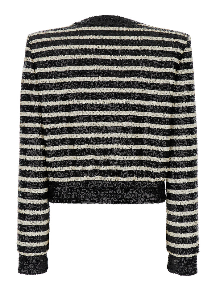 Black And White Cropped Striped Jacket All-Over Sequins Fabric Woman White/black Polyester Blazers