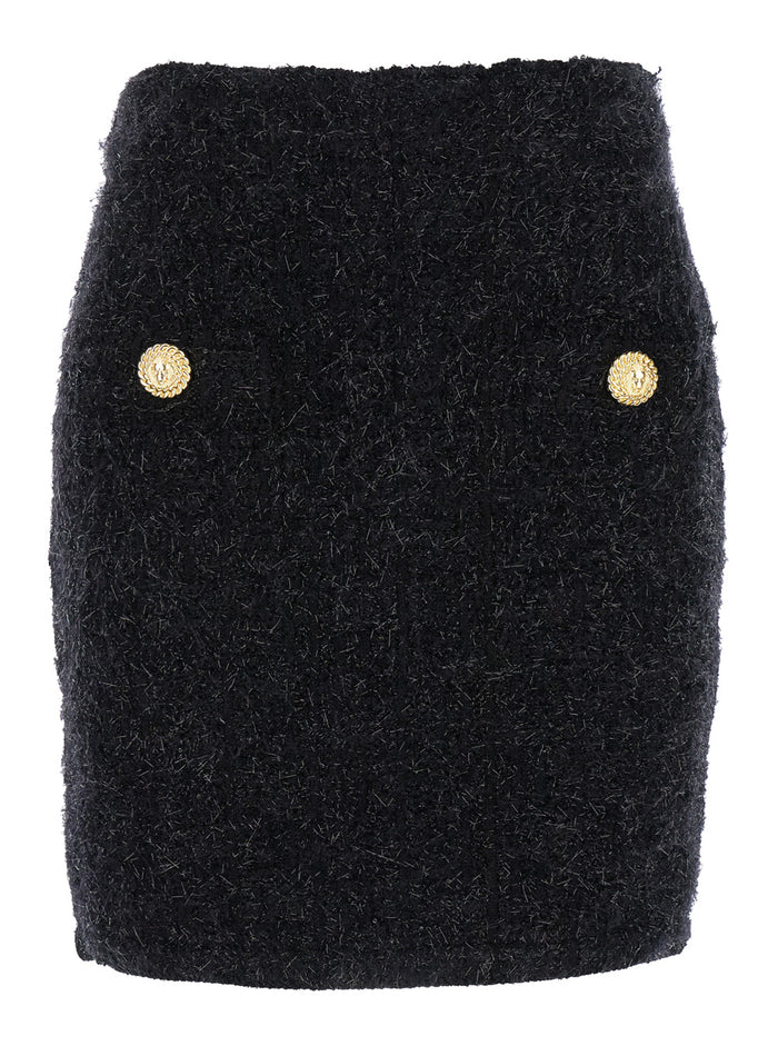 Black Pencil Mini Skirt With Jewel Buttons Tweed Woman