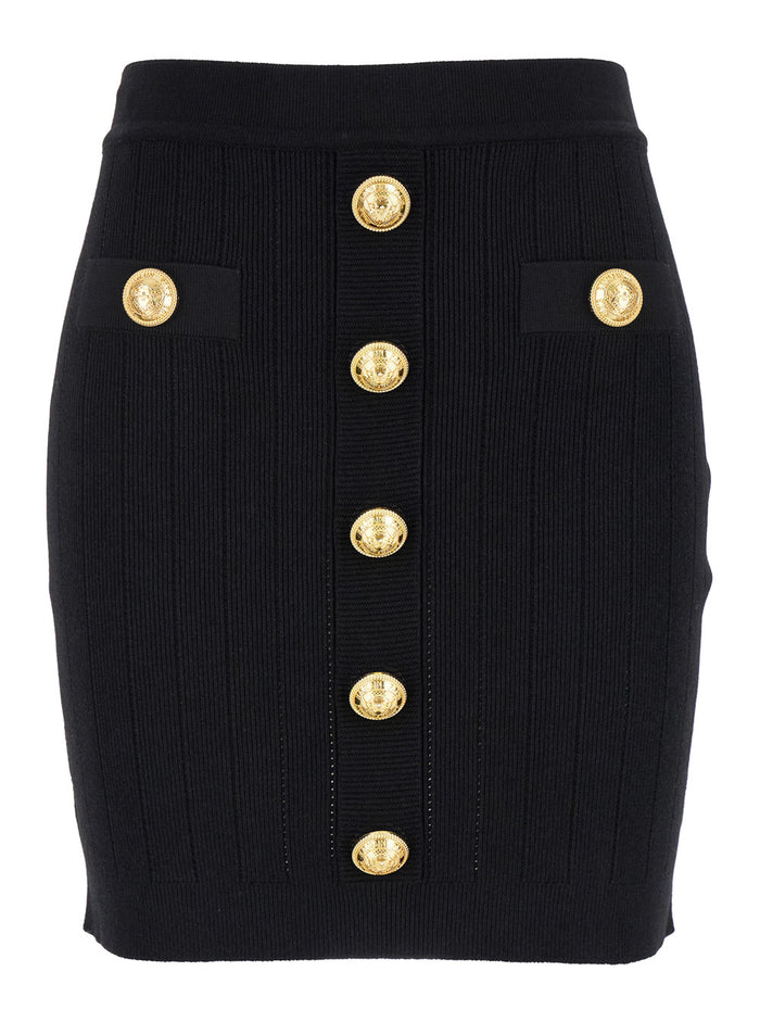 Black Mini Pencil Skirt With Jewel Buttons Stretch Viscose Blend Woman Polyester