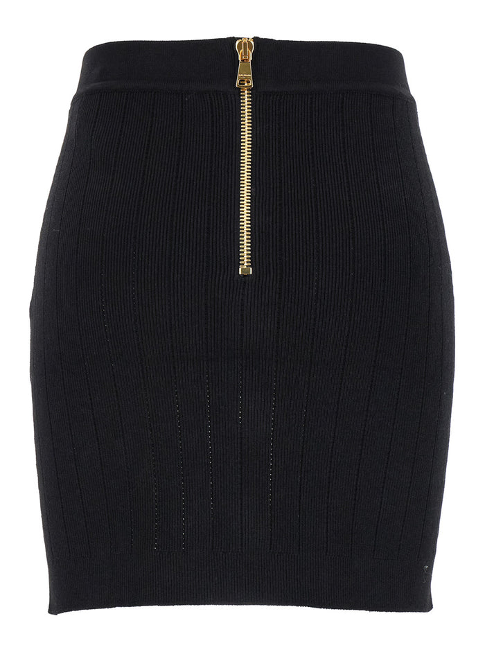 Black Mini Pencil Skirt With Jewel Buttons Stretch Viscose Blend Woman Polyester