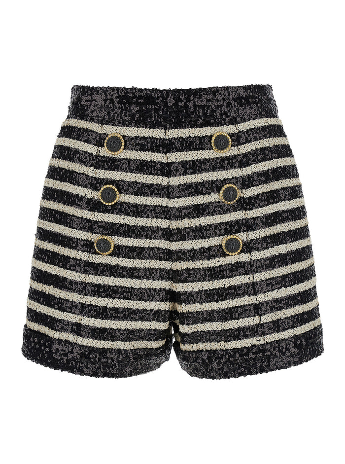 Black And White Striped Shorts With Jewel Buttons All-Over Sequins Fabric Woman White/black Polyester Bermuda