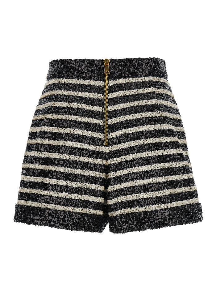 Black And White Striped Shorts With Jewel Buttons All-Over Sequins Fabric Woman White/black Polyester Bermuda