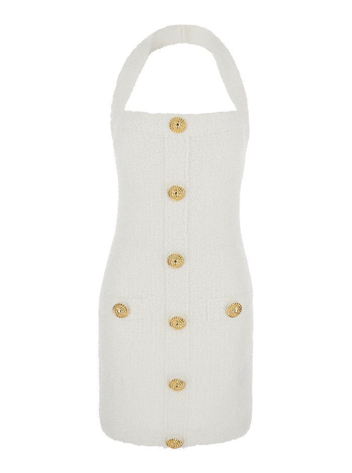 Mini White Dress With Halterneck And Jewel Buttons Tweed Woman