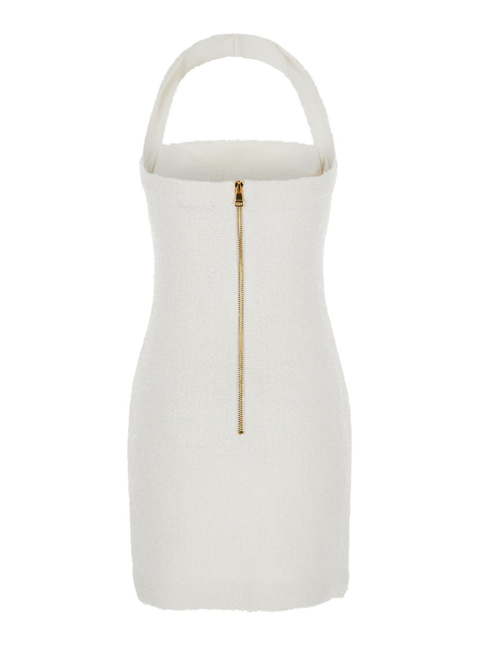 Mini White Dress With Halterneck And Jewel Buttons Tweed Woman