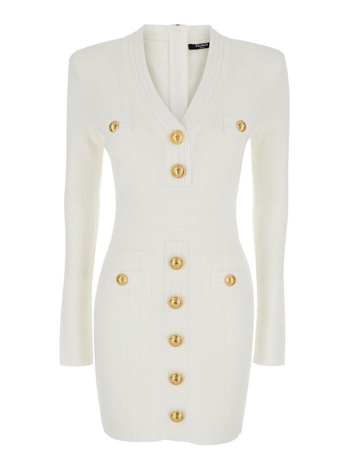 Mini White Dress With Golden Buttons Stretch Viscose Woman Polyester