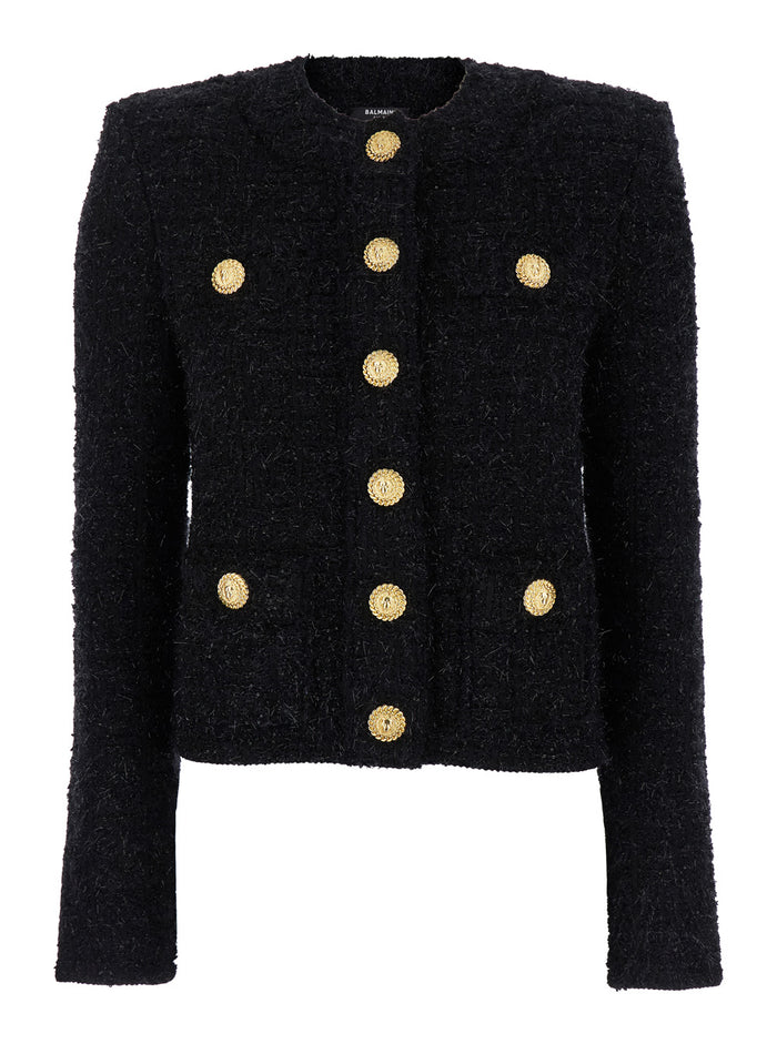 Miami Black Collarless Jacket With Jewel Buttons Tweed Woman Blazers