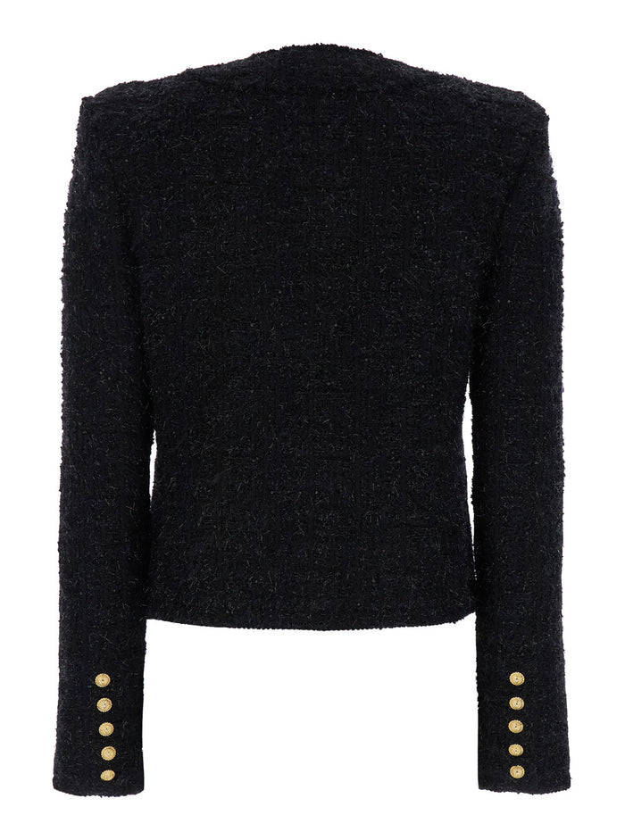 Miami Black Collarless Jacket With Jewel Buttons Tweed Woman Blazers