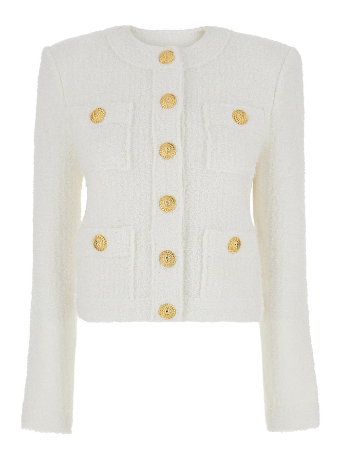White Cropped Jacket With Patch Pockets Tweed Woman Blazers