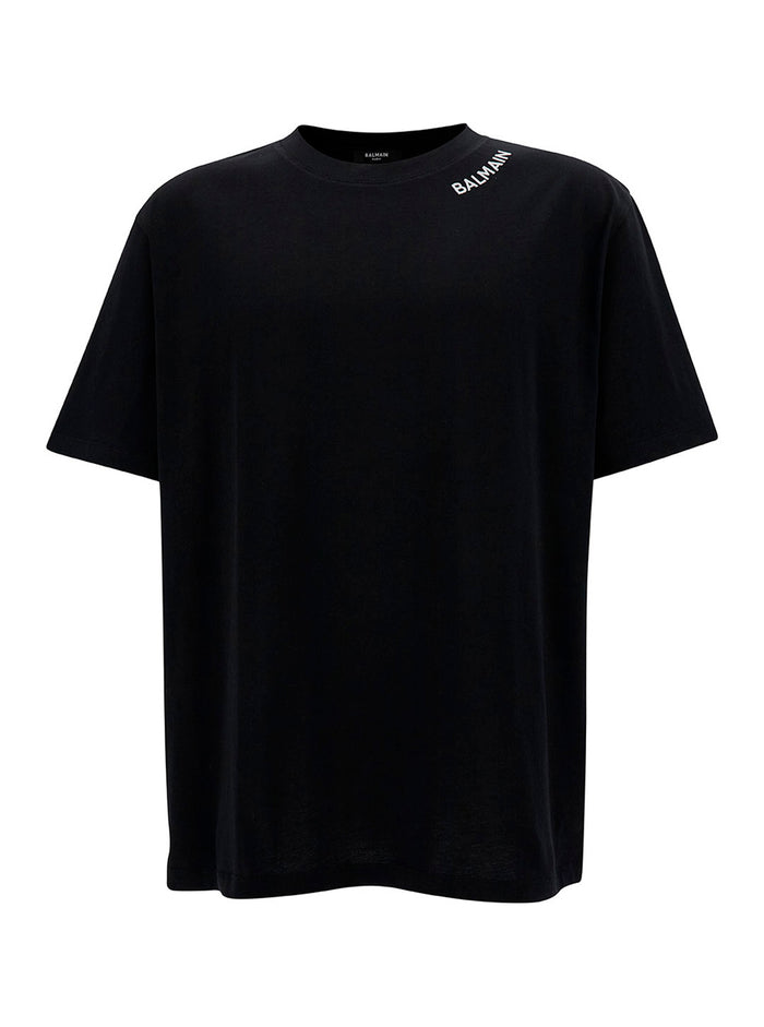Black Crewneck T-Shirt With Contrasting Logo Embroidery Cotton Man Tshirts And Polo Shirts