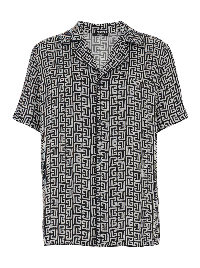 Black And White Bowling Shirt With All-Over Monogram Cupro Man White/black Blouses
