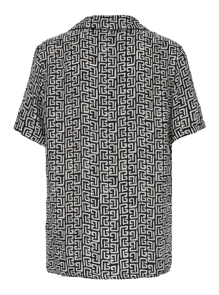 Black And White Bowling Shirt With All-Over Monogram Cupro Man White/black Blouses