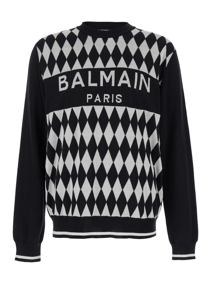 Diamond Black And White Two Tone Jacquard Jumper With Balmain Motif Wool Man White/black Merinos Jersey