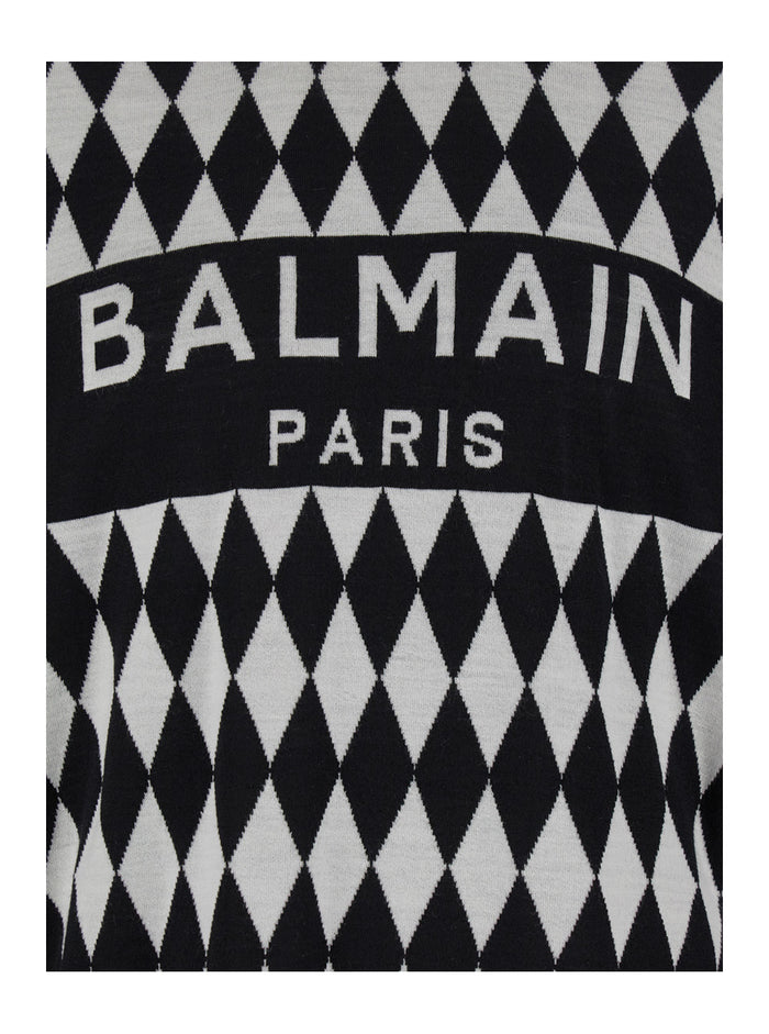 Diamond Black And White Two Tone Jacquard Jumper With Balmain Motif Wool Man White/black Merinos Jersey