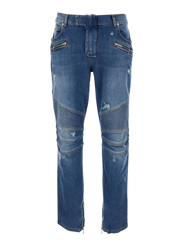 Light Blue Biker Jeans With Zip And Rips Denim Man Cotton Elastane