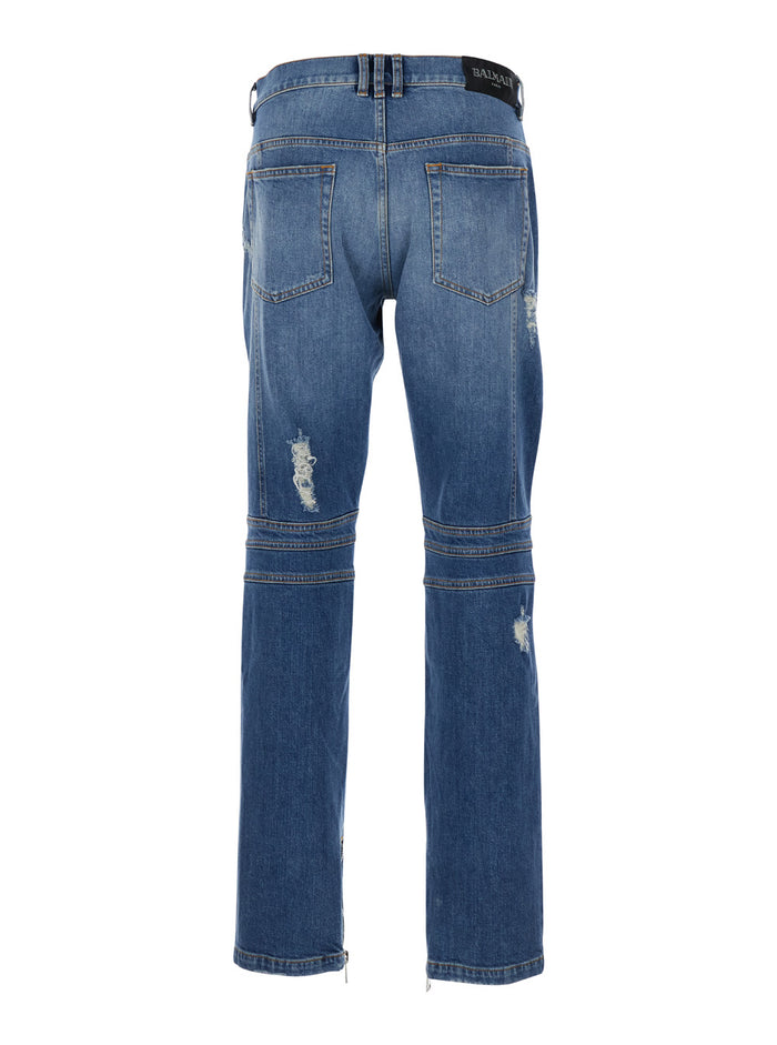 Light Blue Biker Jeans With Zip And Rips Denim Man Cotton Elastane