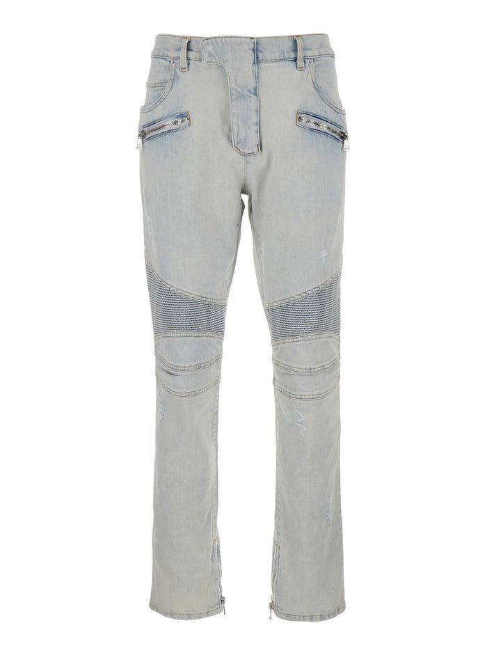 Light Blue Skinny Jeans With Logo Patch And Ribbed Knees Stretch Cotton Denim Man Elastane