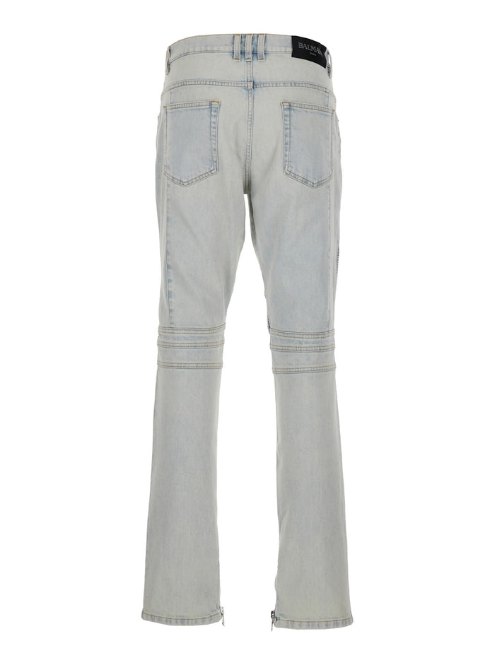 Light Blue Skinny Jeans With Logo Patch And Ribbed Knees Stretch Cotton Denim Man Elastane