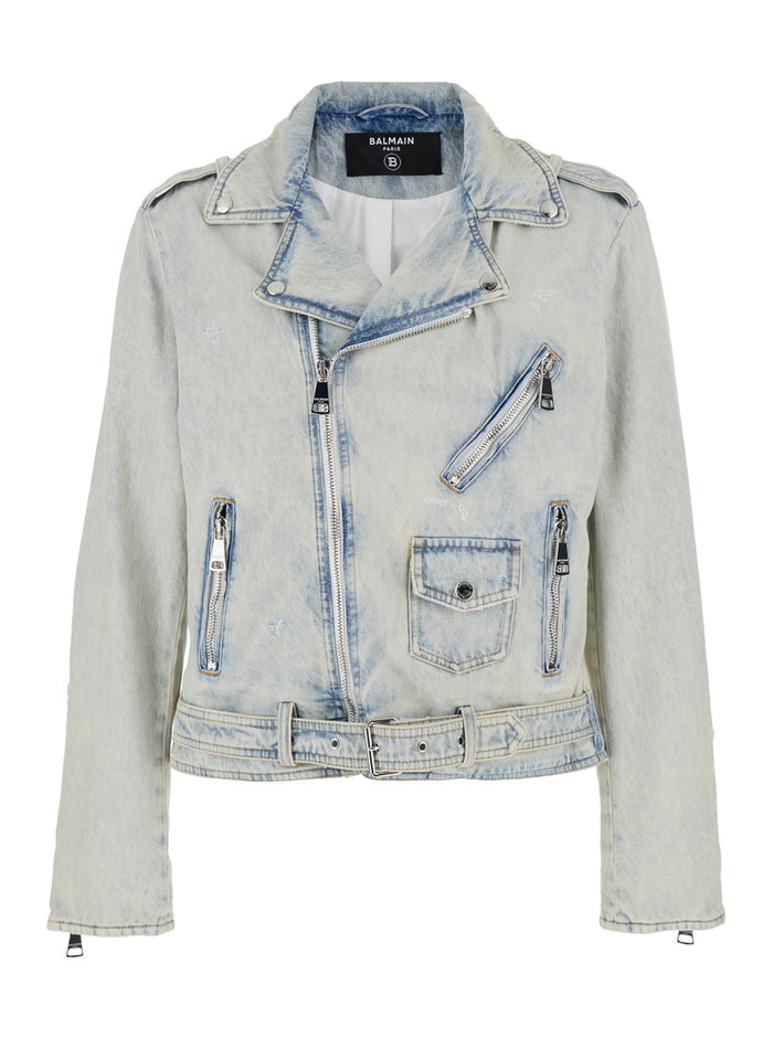 Light Blue Biker Jacket With Belt On The Front And Washed Effect Denim Man Cotton