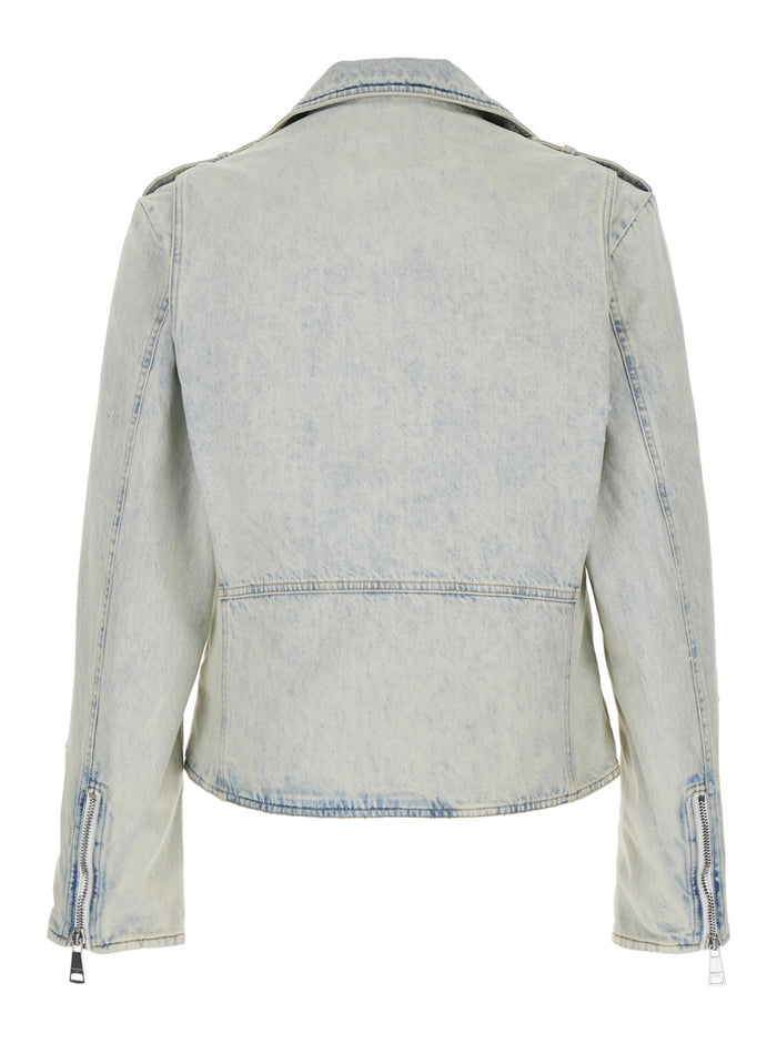 Light Blue Biker Jacket With Belt On The Front And Washed Effect Denim Man Cotton