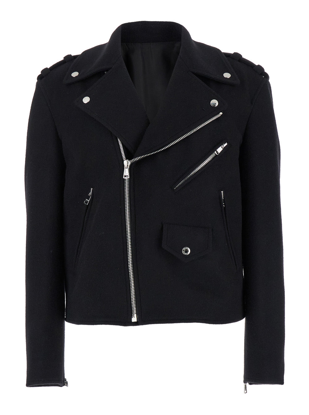 Black Biker Jacket with Zip Closure in Wool Man Virgin Polyamide Outerwear