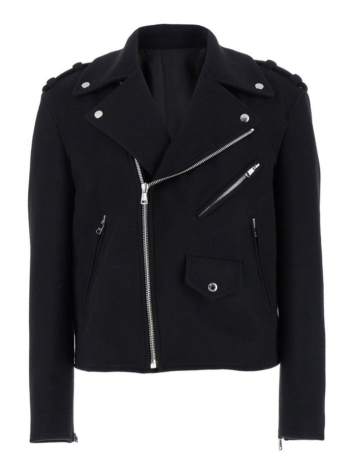 Black Biker Jacket with Zip Closure in Wool Man Virgin Polyamide Outerwear