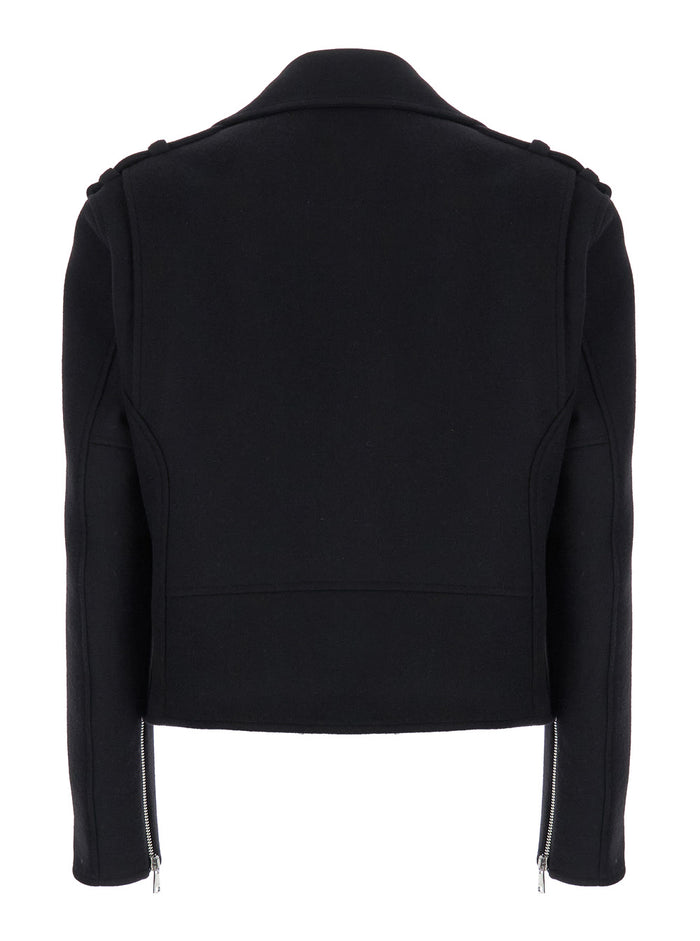 Black Biker Jacket with Zip Closure in Wool Man Virgin Polyamide Outerwear