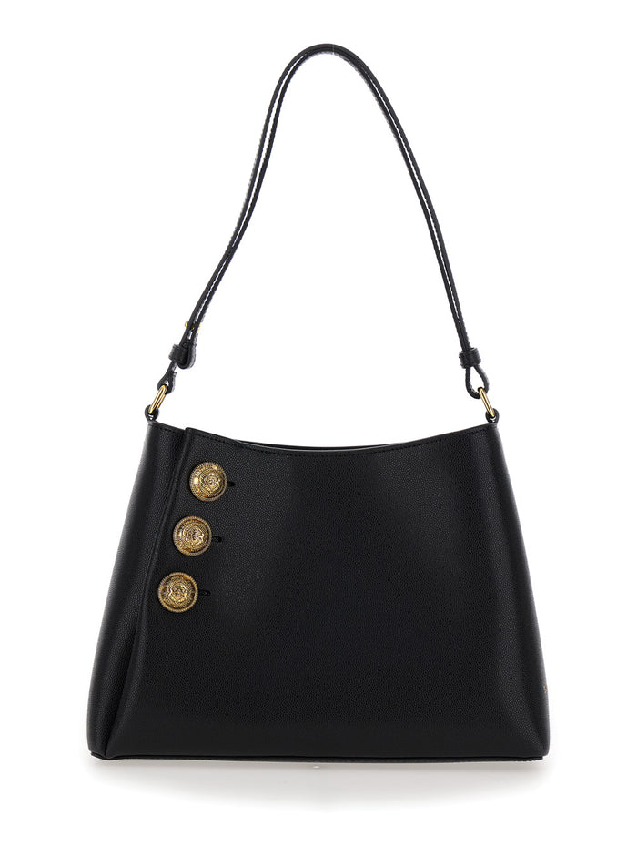 Black Shoulder Bag With Emblème Motif Grained Leather Woman Calf