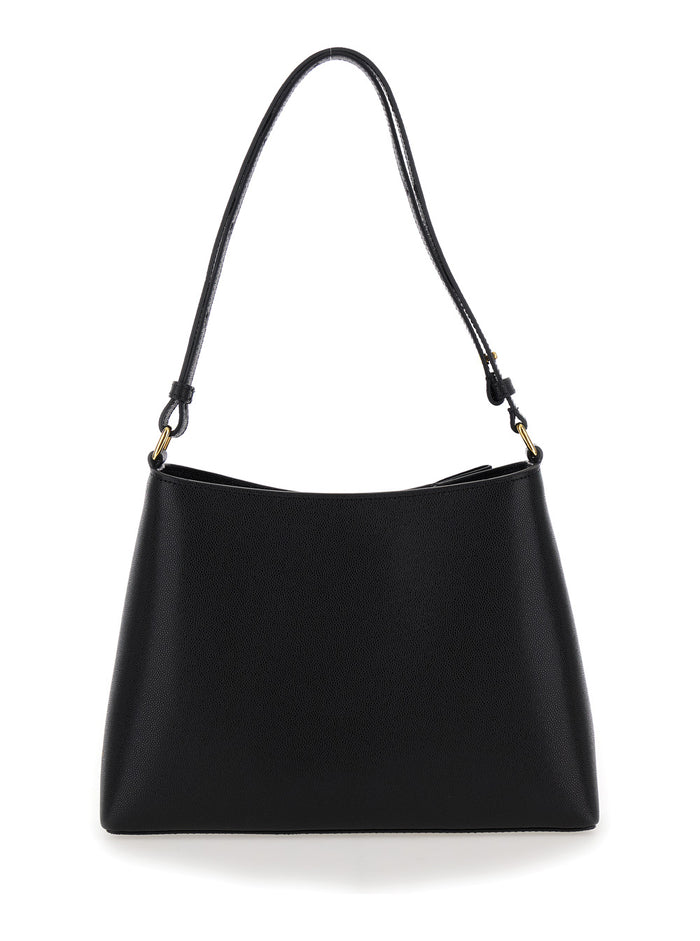 Black Shoulder Bag With Emblème Motif Grained Leather Woman Calf