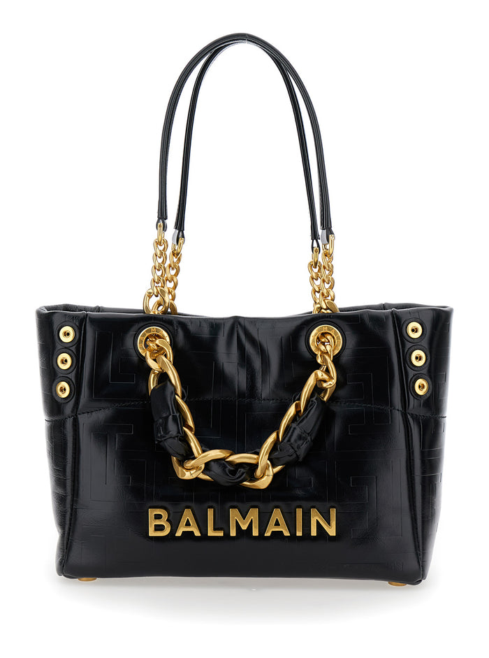1945 Soft Small Black Tote Bag With Lettering Embossed Crackled Woman Calf