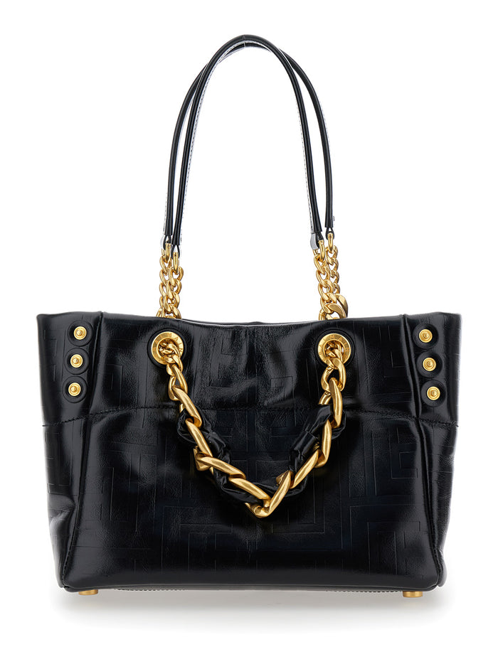 1945 Soft Small Black Tote Bag With Lettering Embossed Crackled Woman Calf
