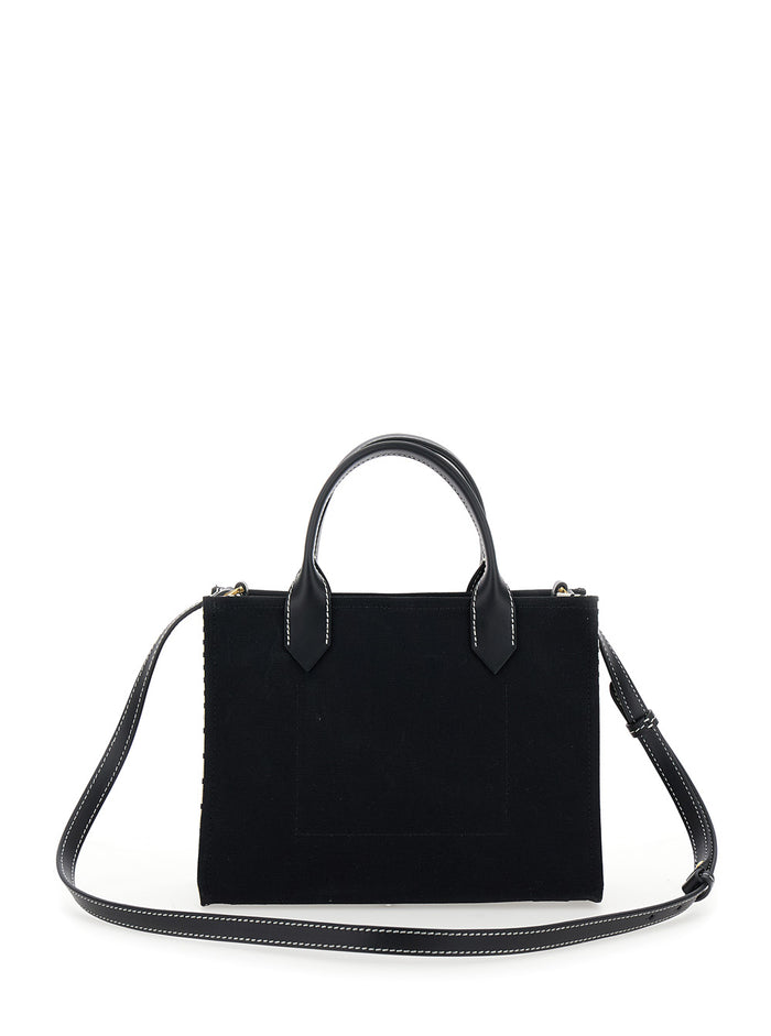 B-Army Small Black And White Tote Bag With Logo Lettering Canvas Woman Cotton Hand