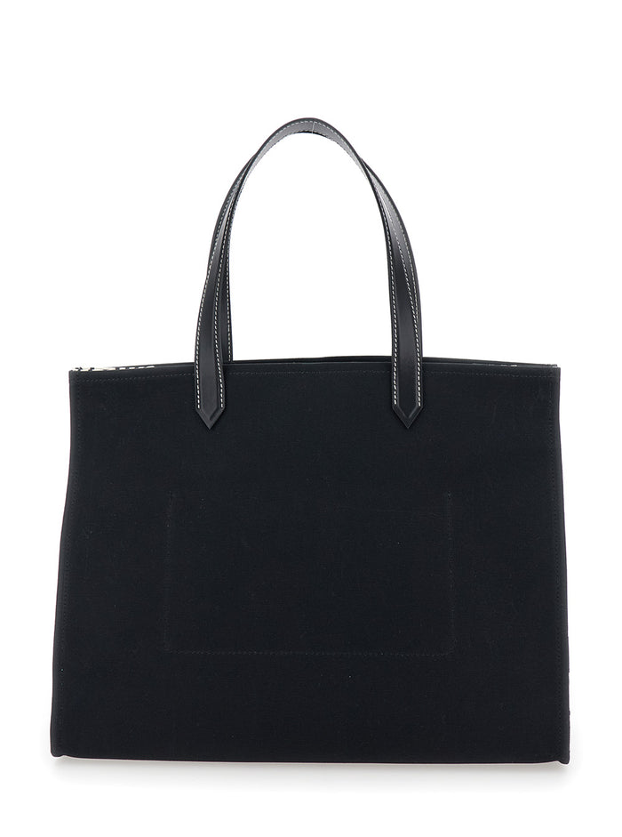 B-Army Medium Black Tote Bag With Logo Lettering Canvas Woman Cotton Hand