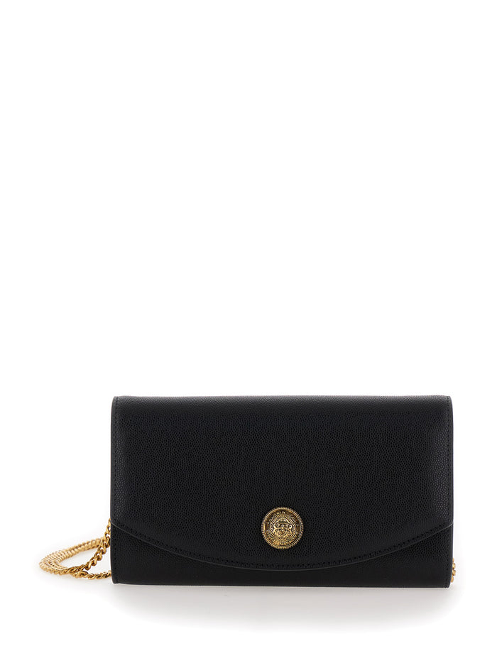 Emblème Black Clutch With Balmain Coin Detail Grained Leather Woman Calf Mini Bags