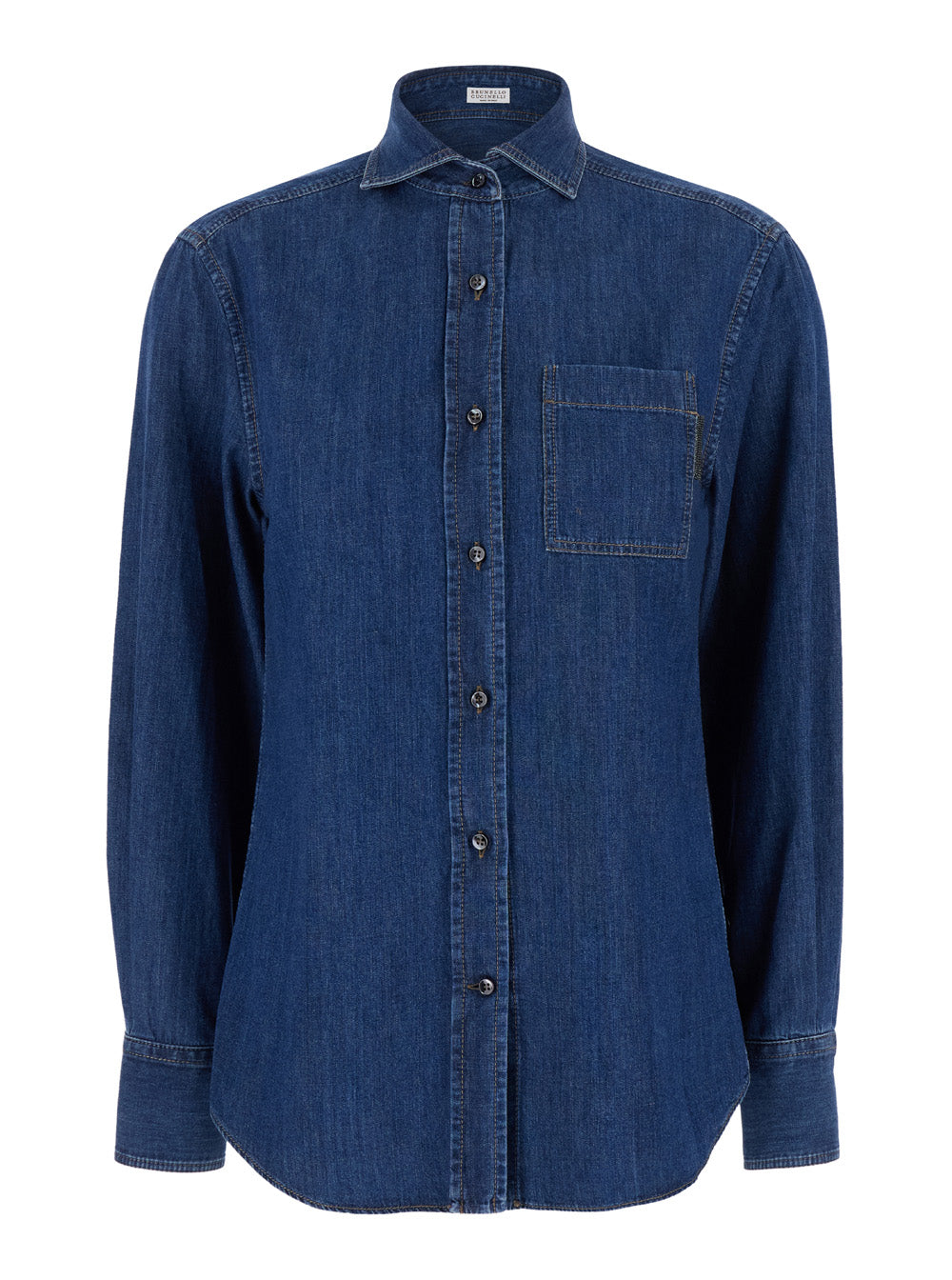 Blue Long Sleeve Shirt With Patch Pocket Denim Woman Blu Cotton And Blouses