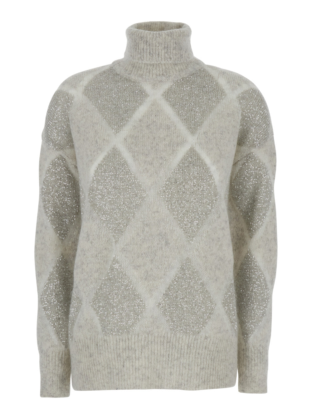 Grey High Neck Sweater With Dazzling Argyle Motif Wool And Mohair Woman Jersey