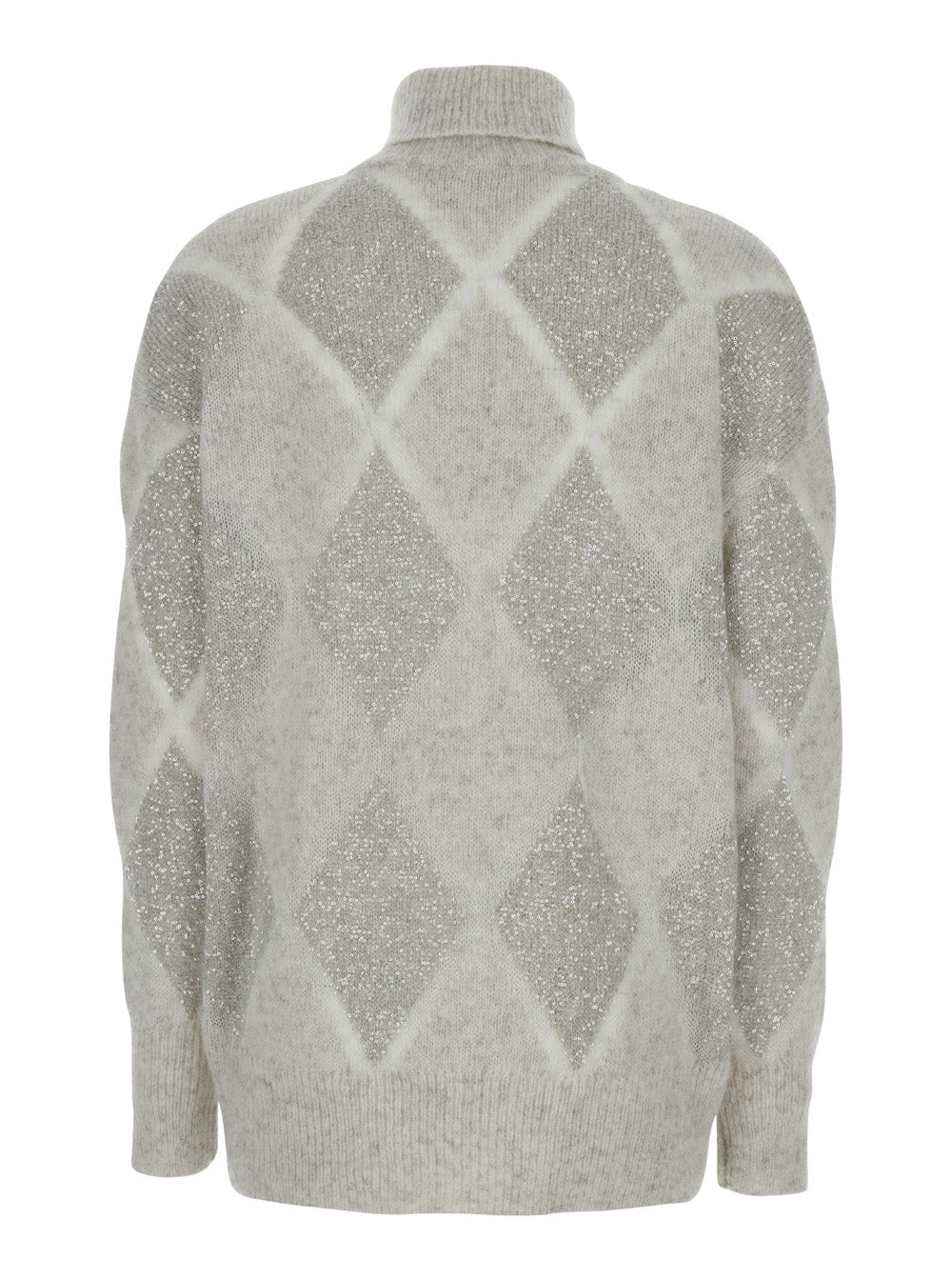 Grey High Neck Sweater With Dazzling Argyle Motif Wool And Mohair Woman Jersey