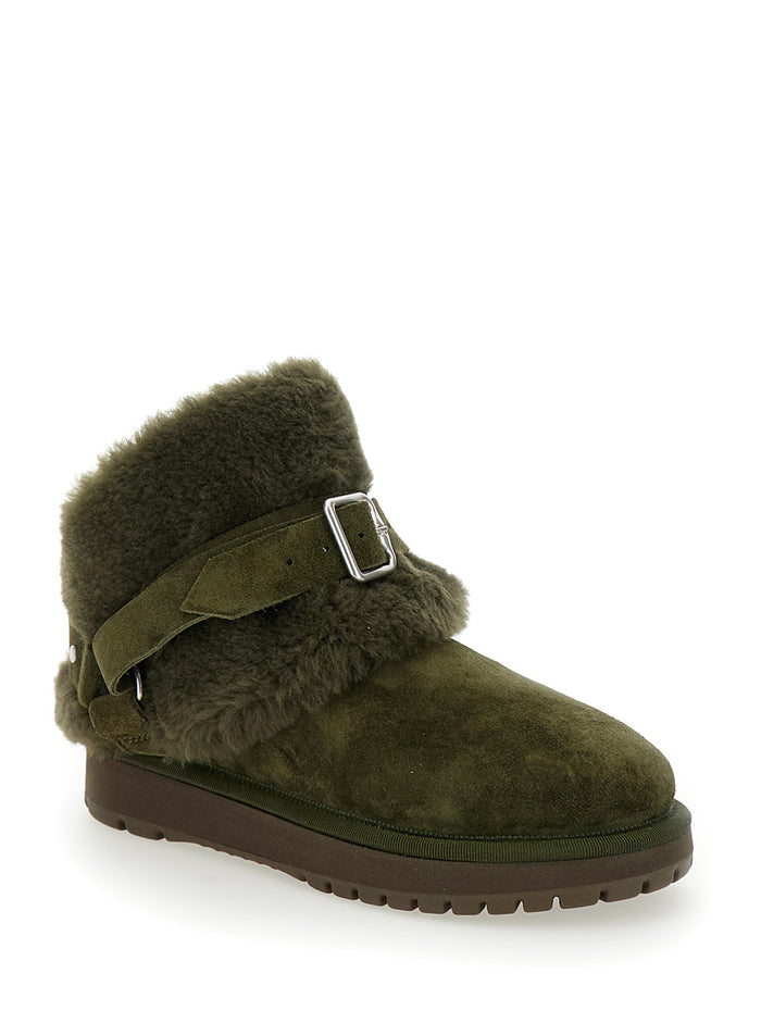 Snug Green Ankle Boots with Strap in Suede and Shearling Woman Sheep Calf Cotton Viscose