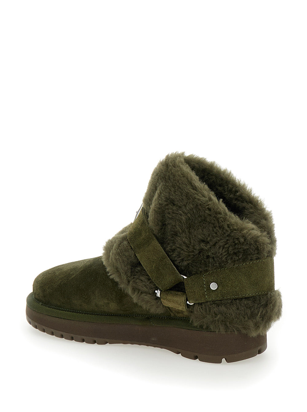 Snug Green Ankle Boots with Strap in Suede and Shearling Woman Sheep Calf Cotton Viscose