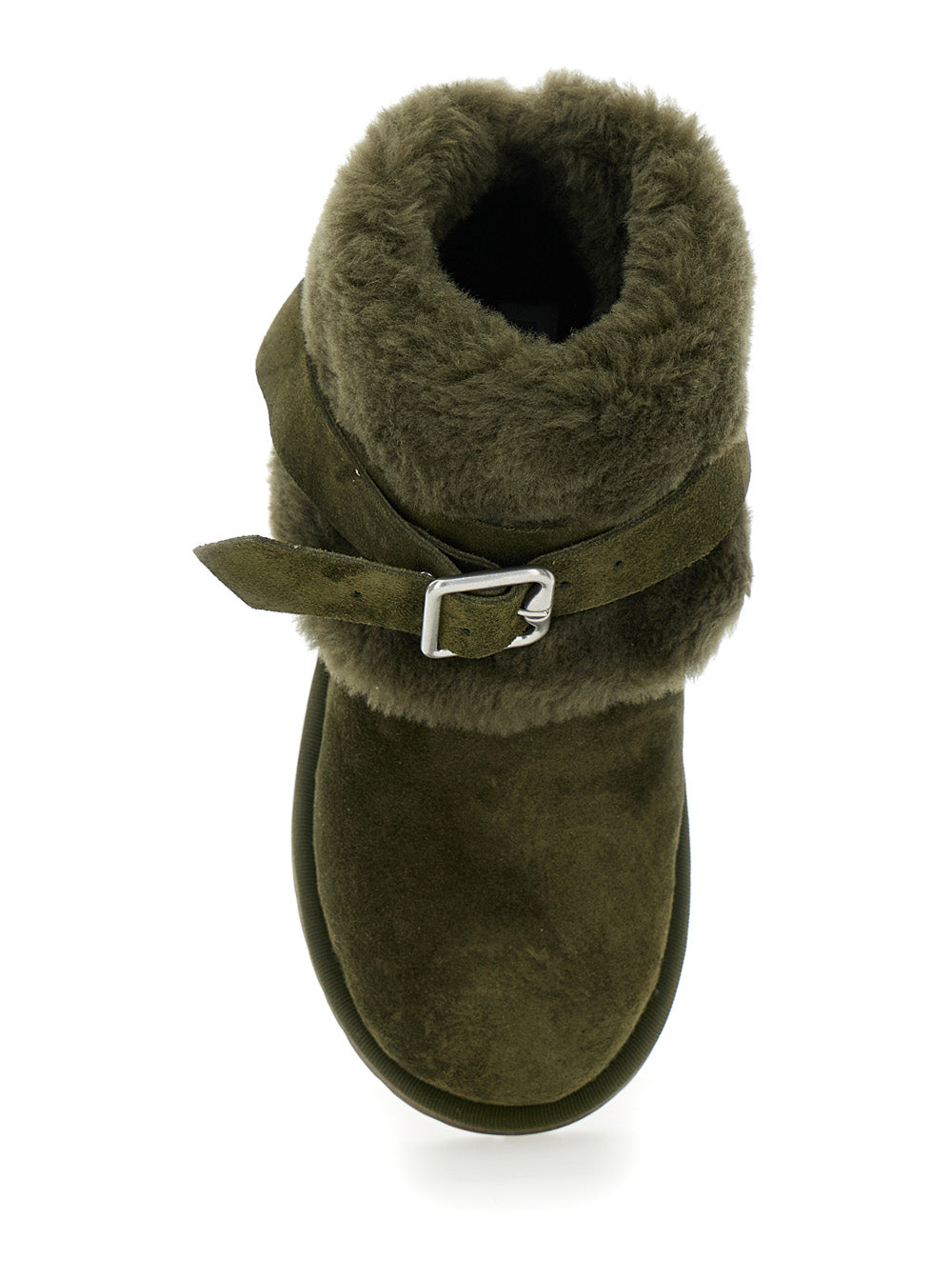 Snug Green Ankle Boots with Strap in Suede and Shearling Woman Sheep Calf Cotton Viscose