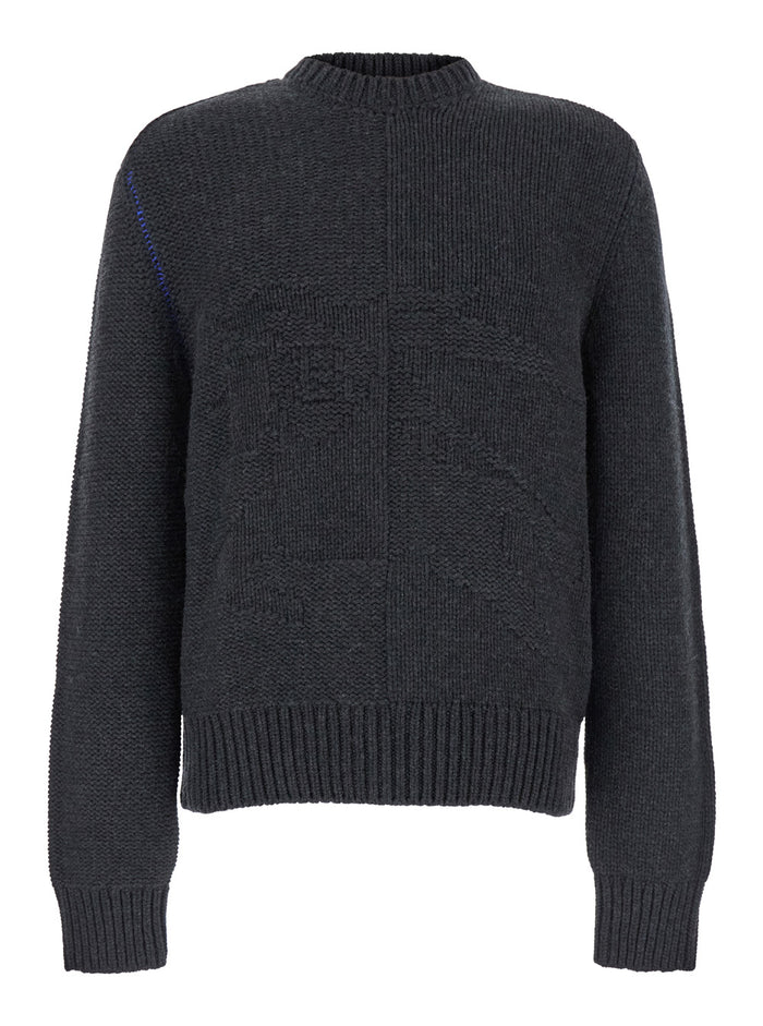 Grey Sweater with Equestrian Knight Jacquard Motif in Cashmere Man Jersey