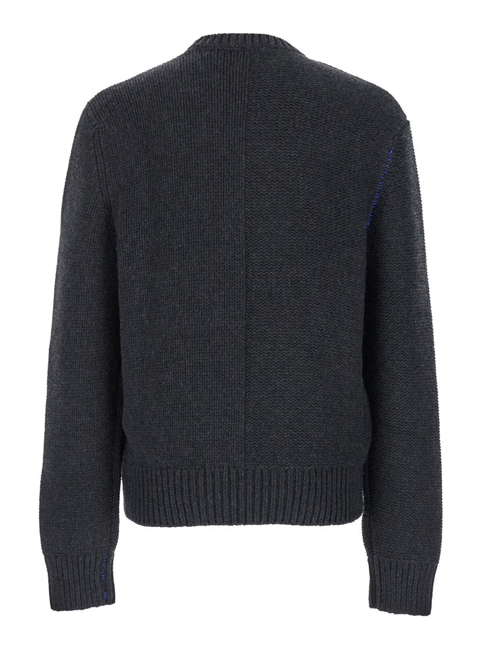 Grey Sweater with Equestrian Knight Jacquard Motif in Cashmere Man Jersey