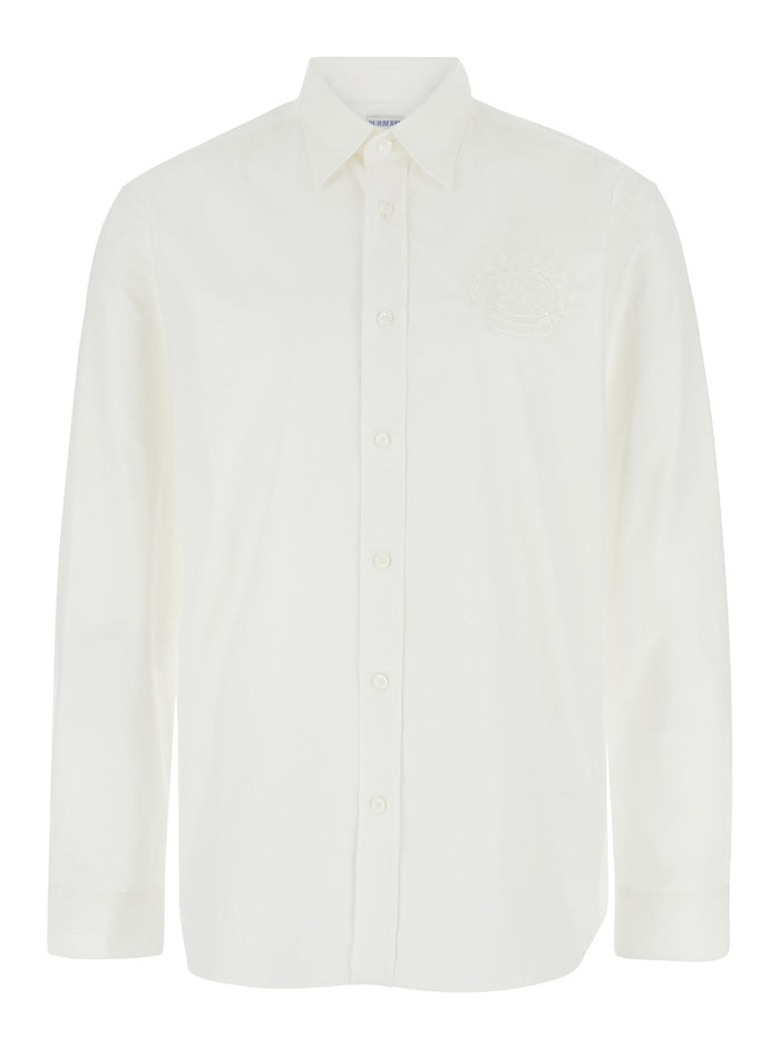 White Shirt with Classic Collar and Embroidered Logo on the Front in Cotton Man Blouses