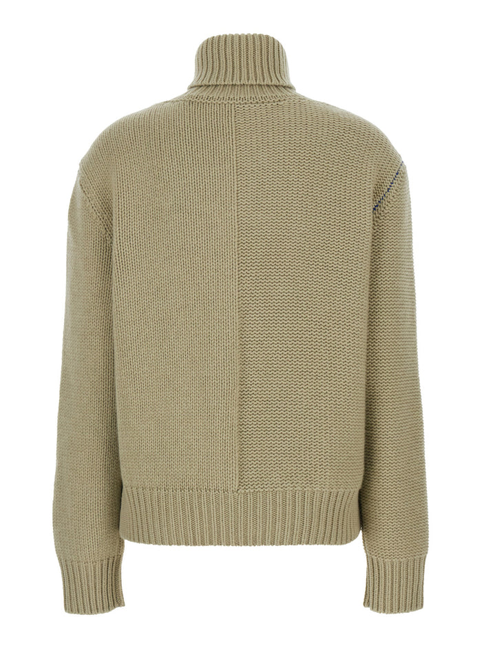 Beige High Neck Sweater with EKD Motif in Cashmere Woman Green Jersey