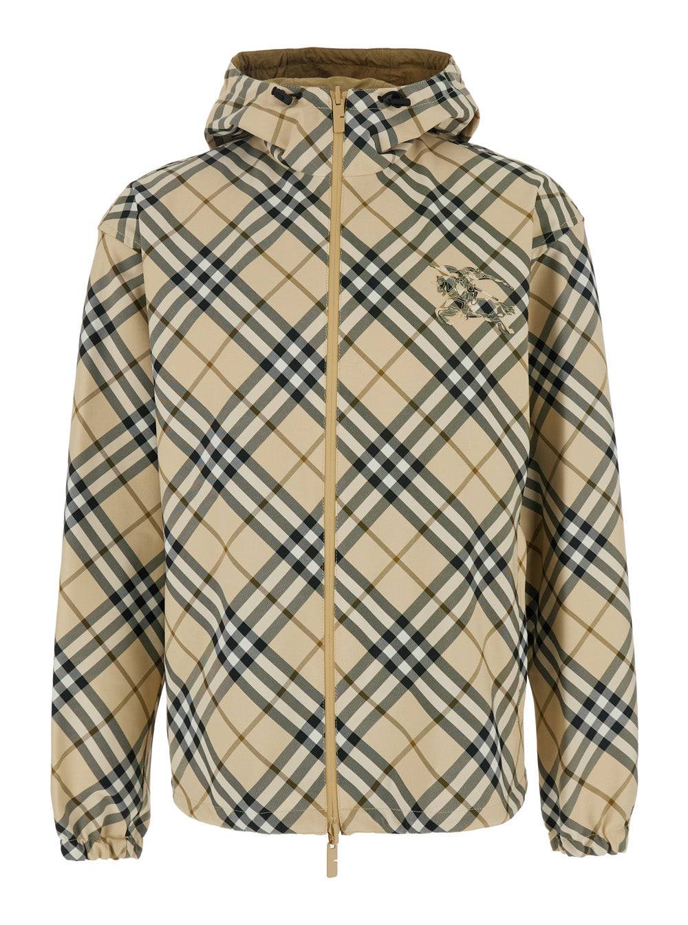 Beige Reversible Jacket With Check Motif Tech Fabric Man Polyester