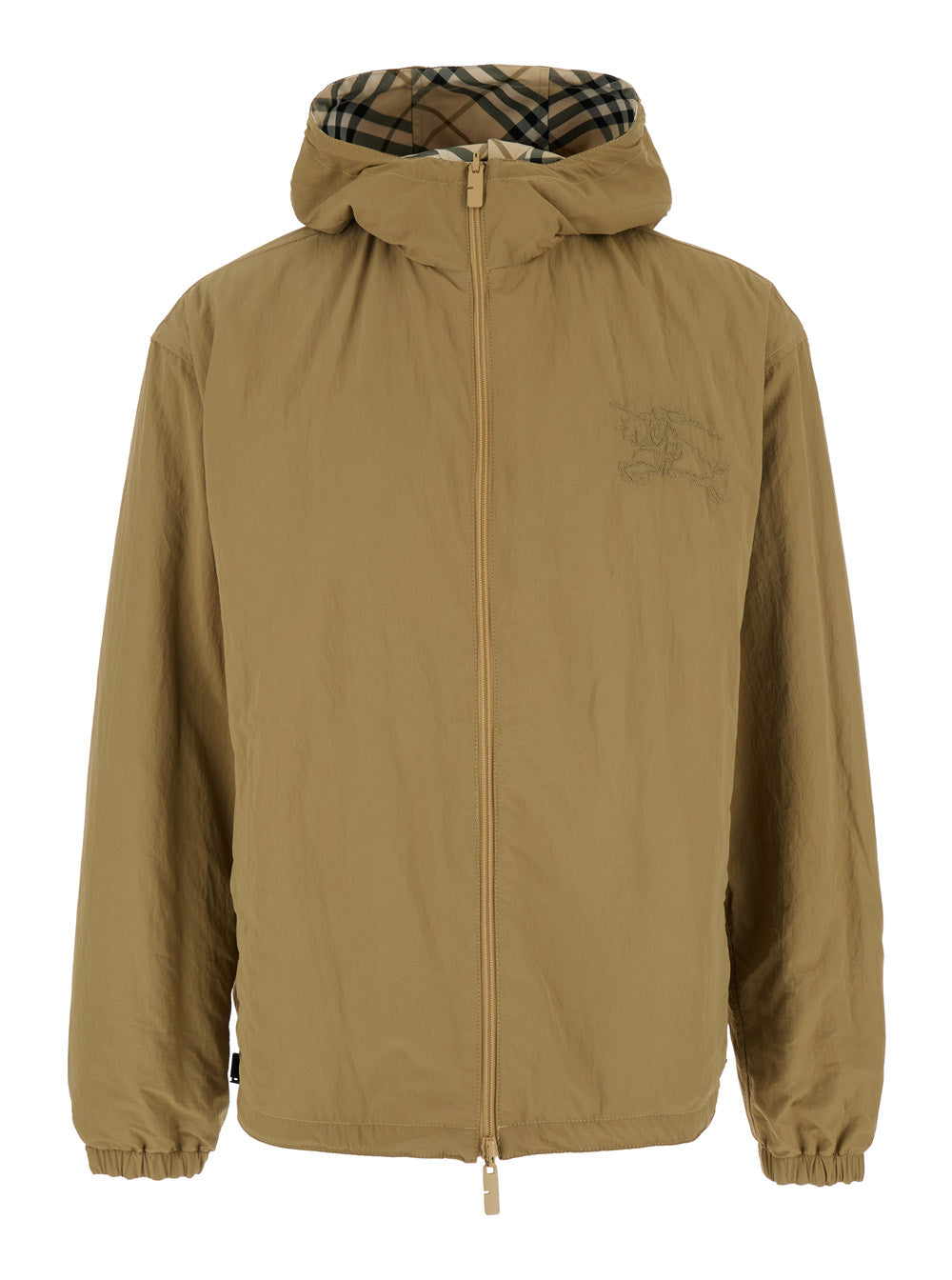 Beige Reversible Jacket With Check Motif Tech Fabric Man Polyester